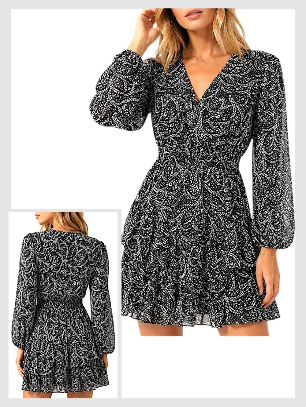 Aqua Black White Floral Ruffle Long Sleeve Mini Dress XS